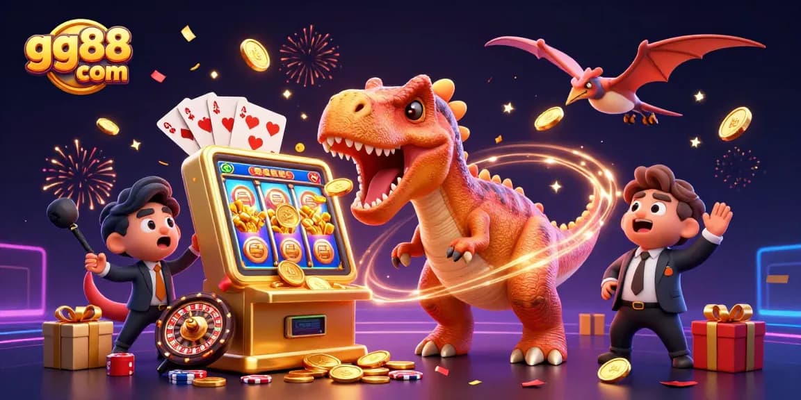 Enjoy jackpots with GG88 com as a pachycephalosaurus celebrates at a golden slot machine
