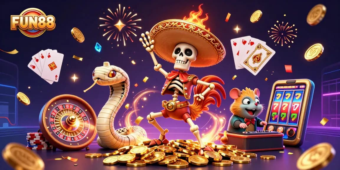 FUN88 players celebrate with animated characters in a vibrant casino scene filled with gold coins and slot machines.