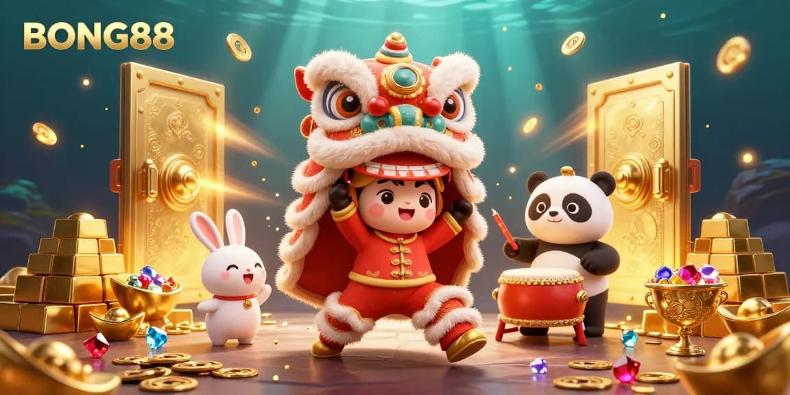 BONG88 captures thrilling casino fun as characters enjoy vibrant celebrations and treasure amidst dynamic gaming elements.