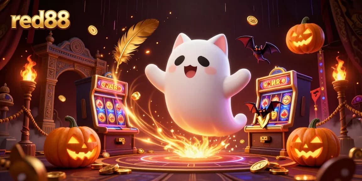 Engage with red88's thrilling haunted casino scene featuring playful ghost cat and glowing jack-o-lanterns.
