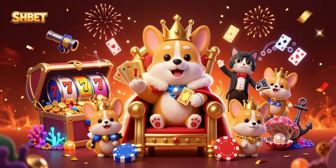 Experience the excitement of SHBET casino with a royal corgi on a throne of poker chips amidst vibrant slot reels and festive decorations.