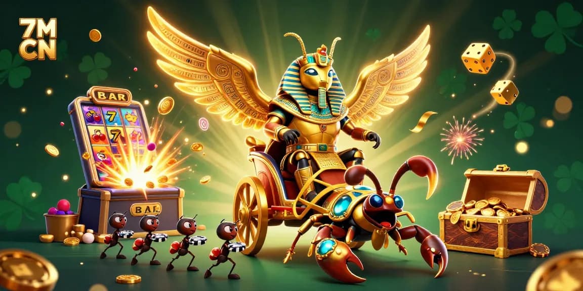 Bet on 7M CN with this vibrant casino illustration featuring a colossal golden scarab beetle and slot machine.