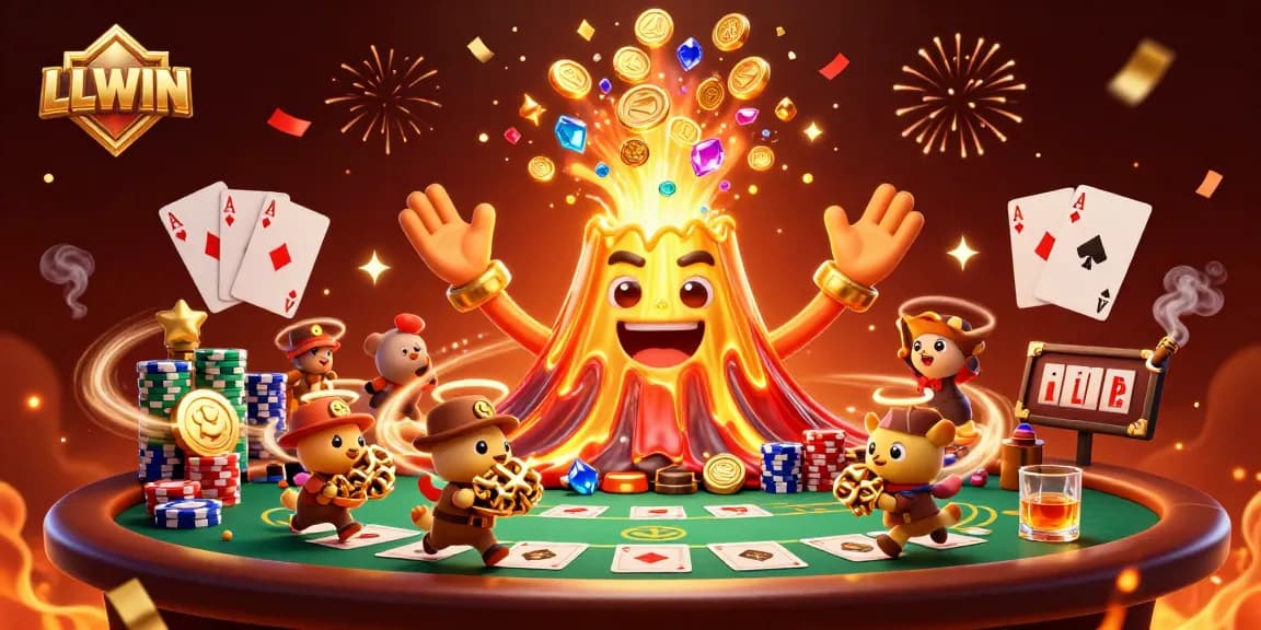 Experience the thrill of LLWIN with a golden volcano erupting treasures at a vibrant casino scene.