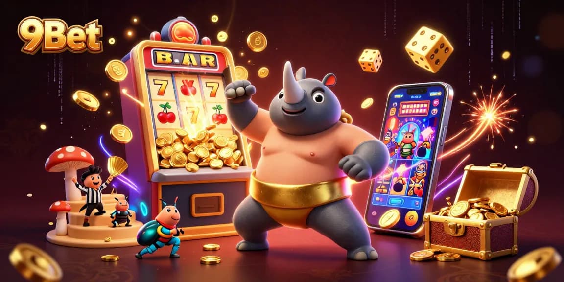 Experience exciting wins at 9Bet with a lively casino scene featuring dynamic characters and gaming elements.