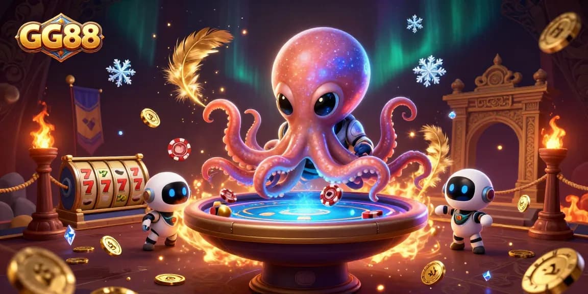 Engage in thrilling poker action at GG88 with an imaginative 3D scene featuring a space octopus and robot companion.