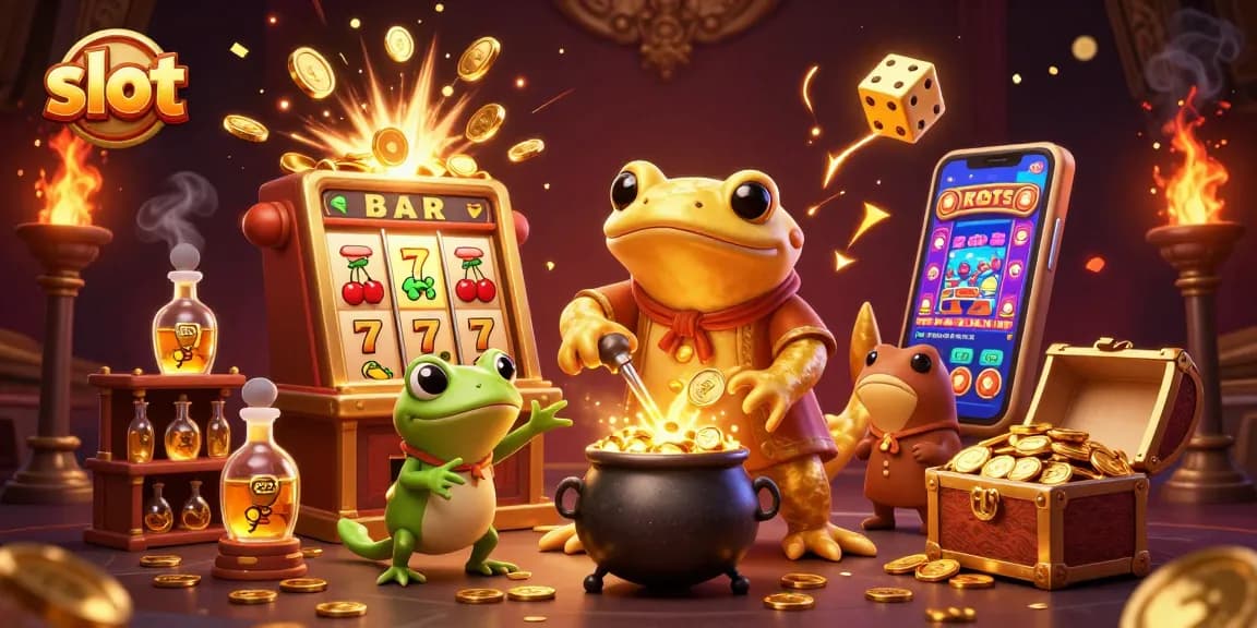 Spin the slot reels and win big with a colorful explosion of casino elements and gold treasures.