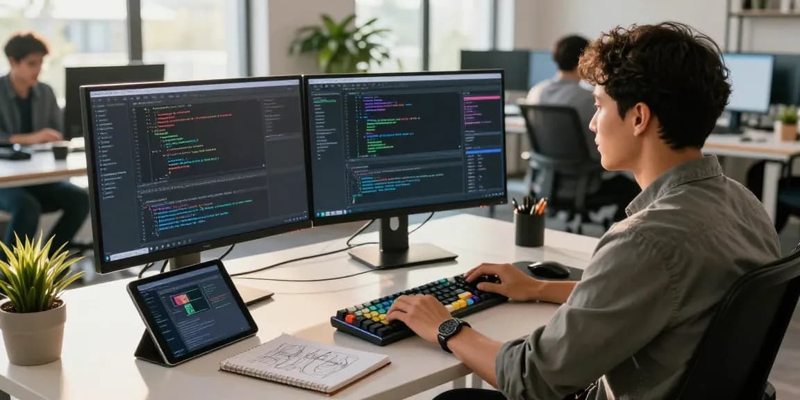 Developer coding with bungeeexchange on dual monitors in a modern workspace filled with tech essentials.