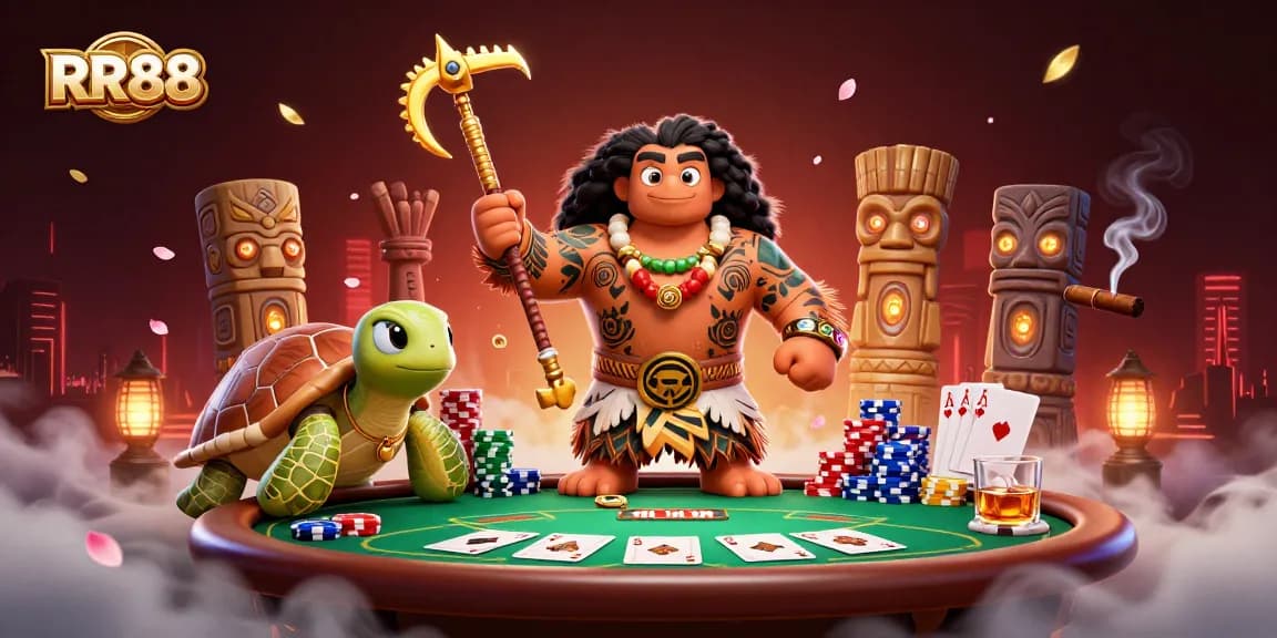 Experience the thrilling action at RR88 with a vibrant casino scene featuring poker elements and tropical characters.