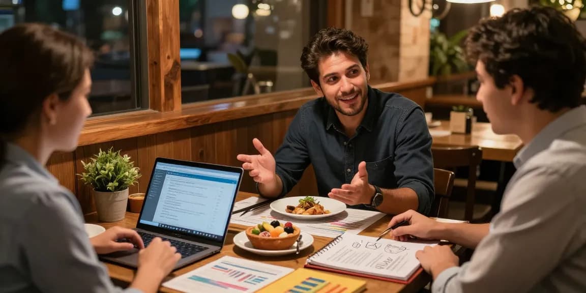 Merchant cash advance for restaurants discussed in a warm restaurant setting with food samples and financial notes.