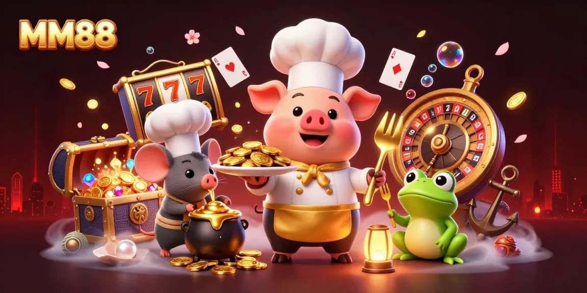 Experience the excitement of MM88 with a chef pig presenting gold coin delights in a vibrant casino scene.