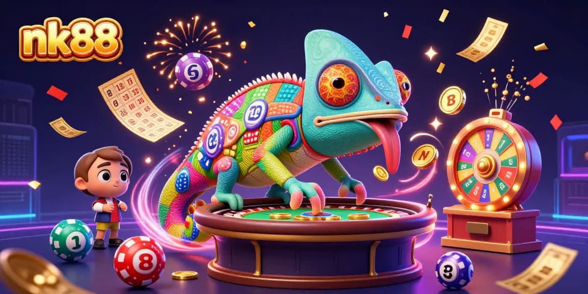 Experience thrilling wins with nk88 as colorful lottery balls and golden tickets animate a vibrant casino scene.