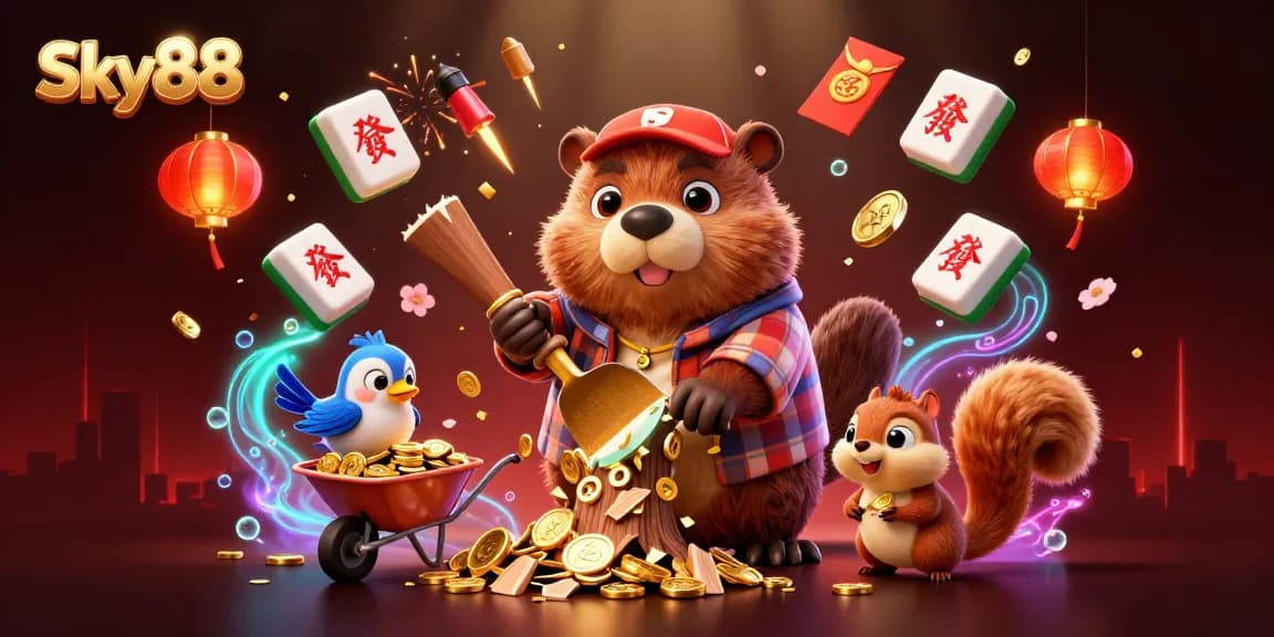 Sky88 showcases a vibrant scene with a cartoon beaver, bird, and squirrel collecting golden coins in an engaging online casino environment.