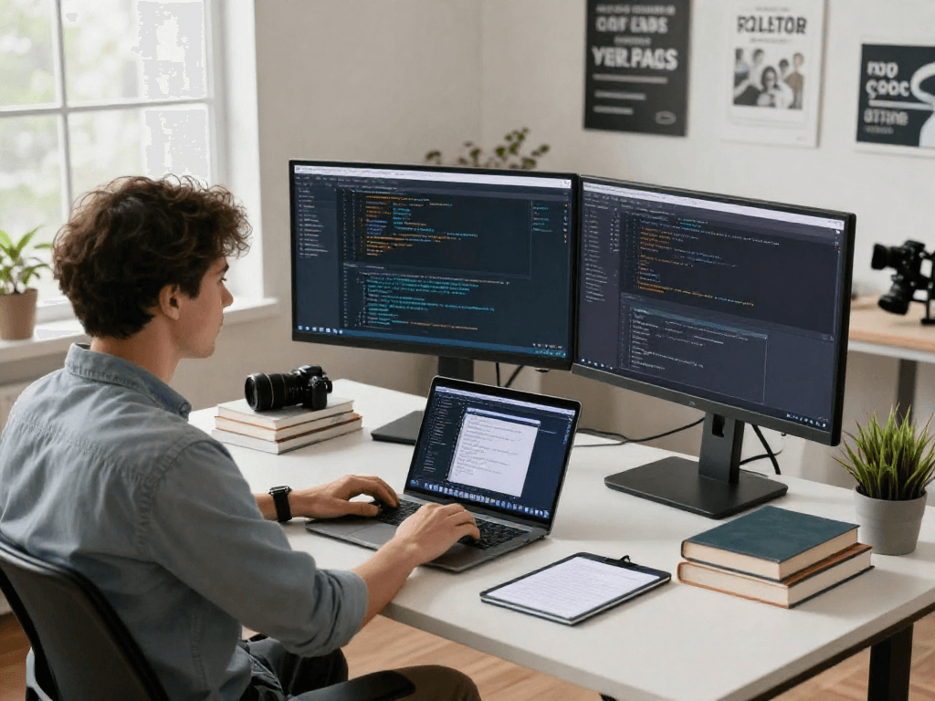 Espacio de trabajo en desarrollo de software con un programador usando Immediate Edge en un entorno moderno y luminoso.