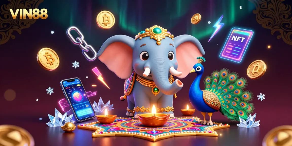 Experience thrilling gaming with VIN88's vibrant elephant and peacock in a 3D casino scene.