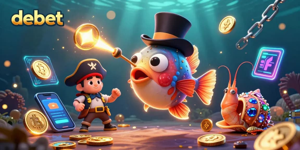 Engage with debet through a cinematic underwater casino scene featuring whimsical creatures and glowing crypto coins.