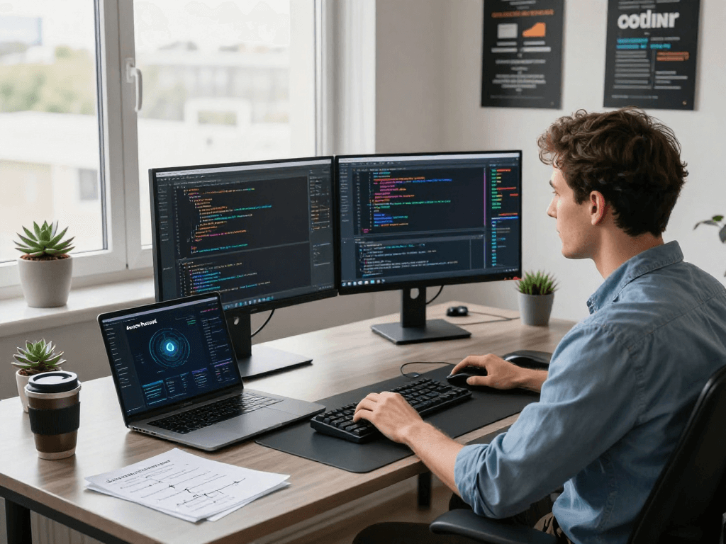 Developer utilizing acrossprotocol in a vibrant, tech-driven workspace with dual monitors coding and blockchain visuals.