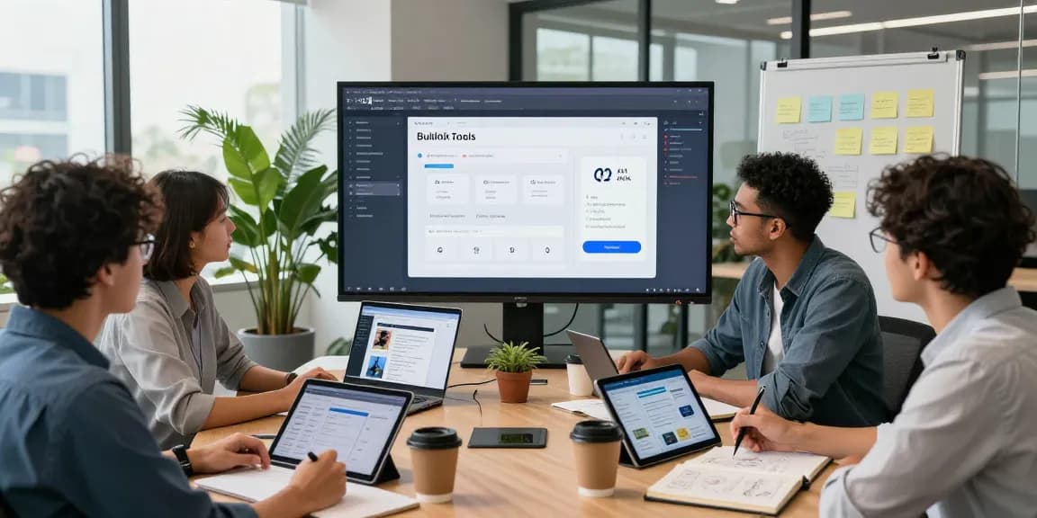 Team collaborating to build internal tools with AI in a modern workspace.