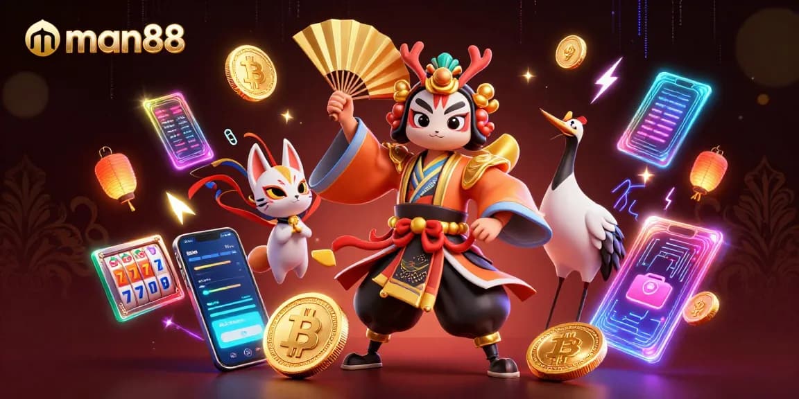 Experience the excitement with man88's vibrant 3D casino scene featuring kabuki warriors and slots.