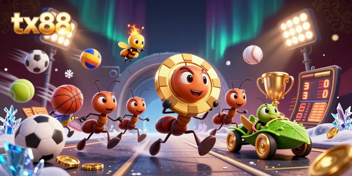 tx88 gaming adventure with cartoon ants, sports balls, and rich casino elements in a vibrant heist scene