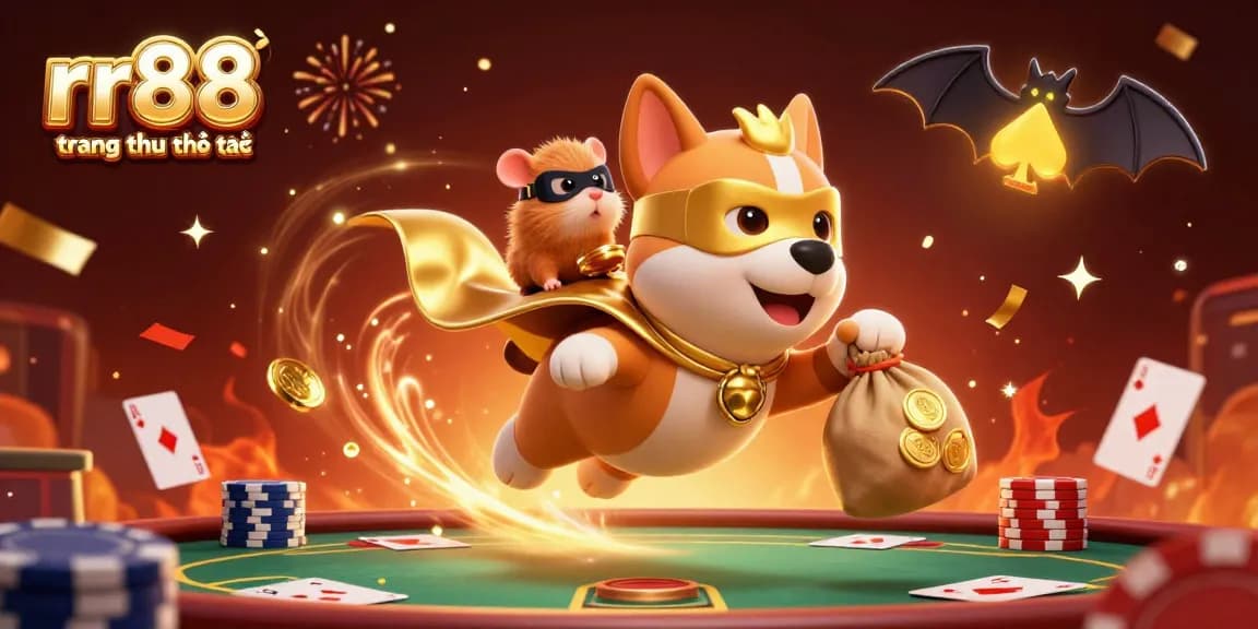 Engage with rr88 trang chủ chính thức as a superhero dog delivers gold coins in a vibrant casino scene.