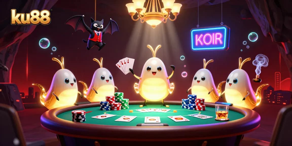 ku88 glowworms illuminate a vibrant cave casino, showcasing a poker table and bat dealer