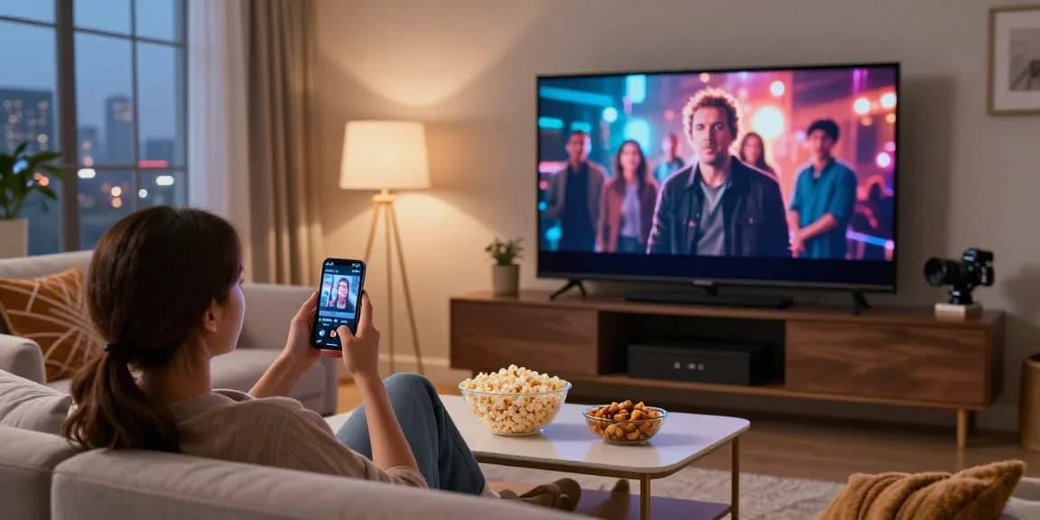 Pikashow APK user enjoying movies in a cozy living room, vibrant screen and snacks visible.