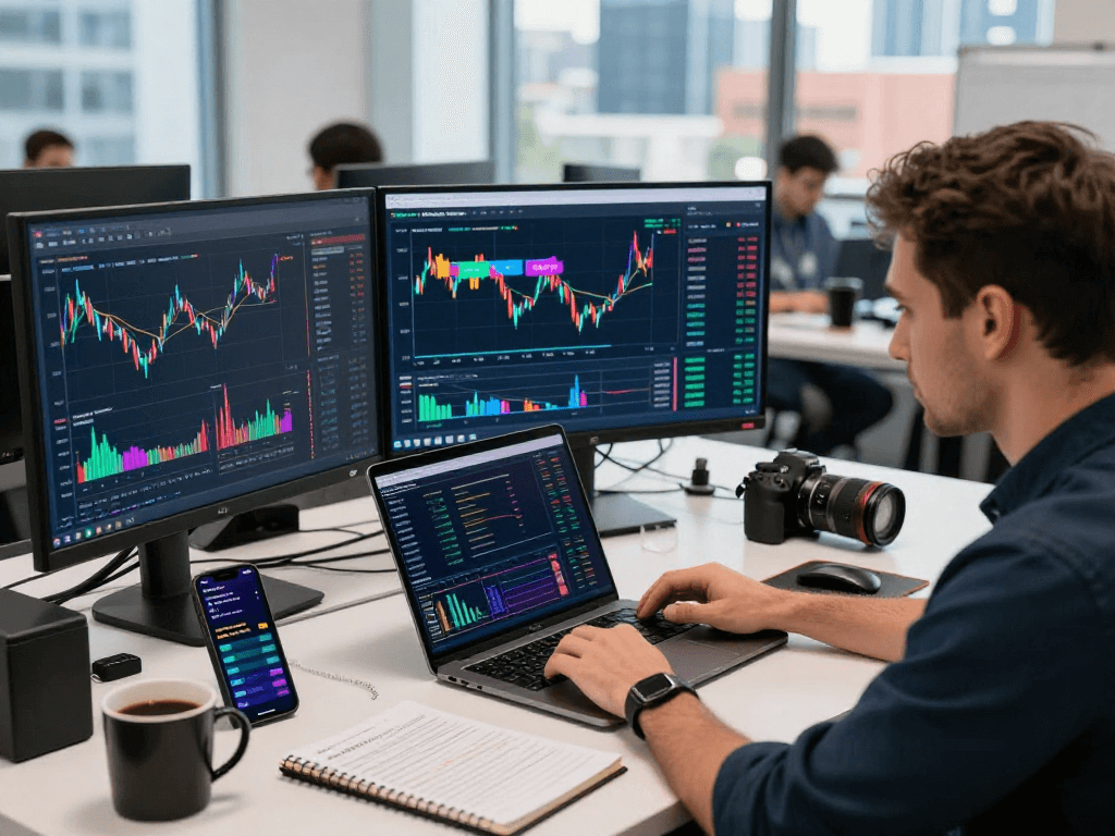 Kyber-swap trading interface in a modern office, showcasing cryptocurrency liquidity analysis and active trading.