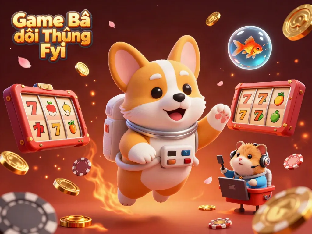 Participate in exciting games with Game Bài Đổi Thưởng Fyi, where floating golden coins and slot reels bring luck!
