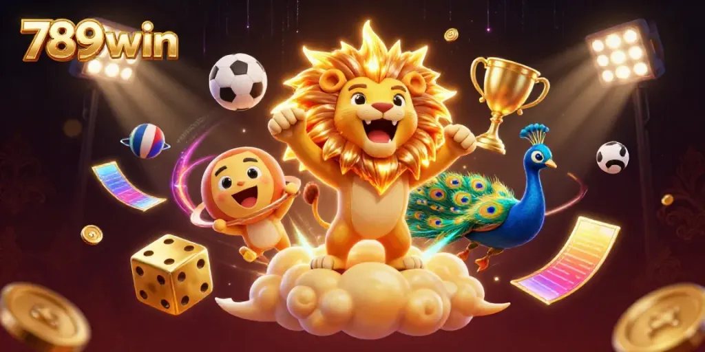 Experience excitement with 789win as the sun lion roars triumphantly amidst golden dice and lively sports elements.