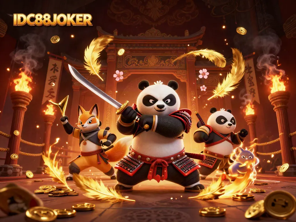 Engage with the vibrant action of IDC88JOKER in a dynamic casino setting featuring a samurai panda, ninja fox, and magical tanuki.