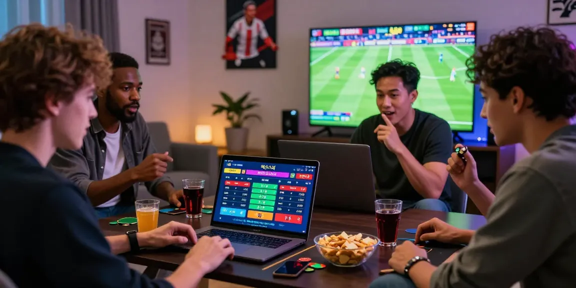 Friends enjoying live betting on 먹튀스팟 platform with snacks around laptop.