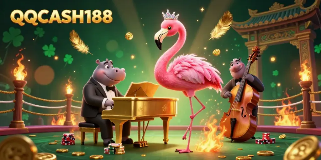 Engage with QQCASH188's vibrant casino scene featuring a flamingo singer and hippo bassist amid dynamic elements.