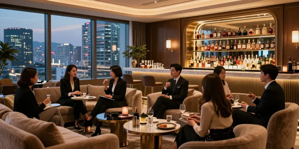 강남타이밍 쩜오의 고급스러운 실내와 고객들이 대화하는 모습