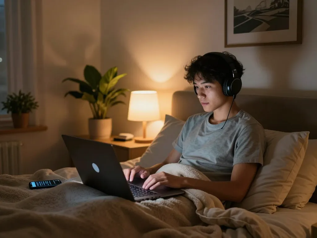 Engaging in an ai porn chat in a cozy bedroom setting with warm lighting.