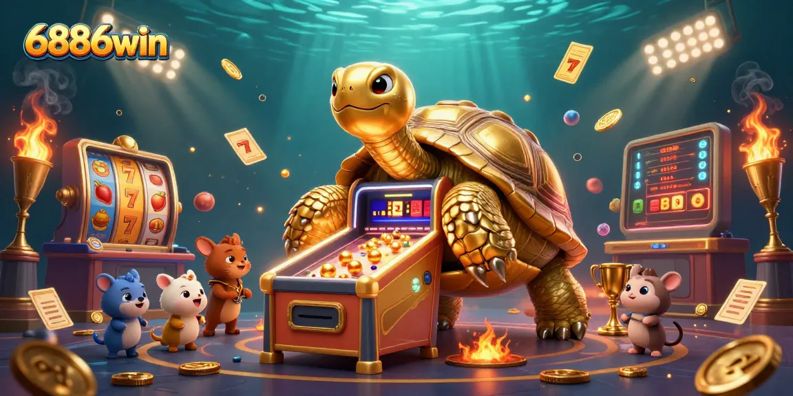 Experience thrilling gameplay with 6886win as a golden tortoise showcases dynamic slot reels and jackpot excitement.