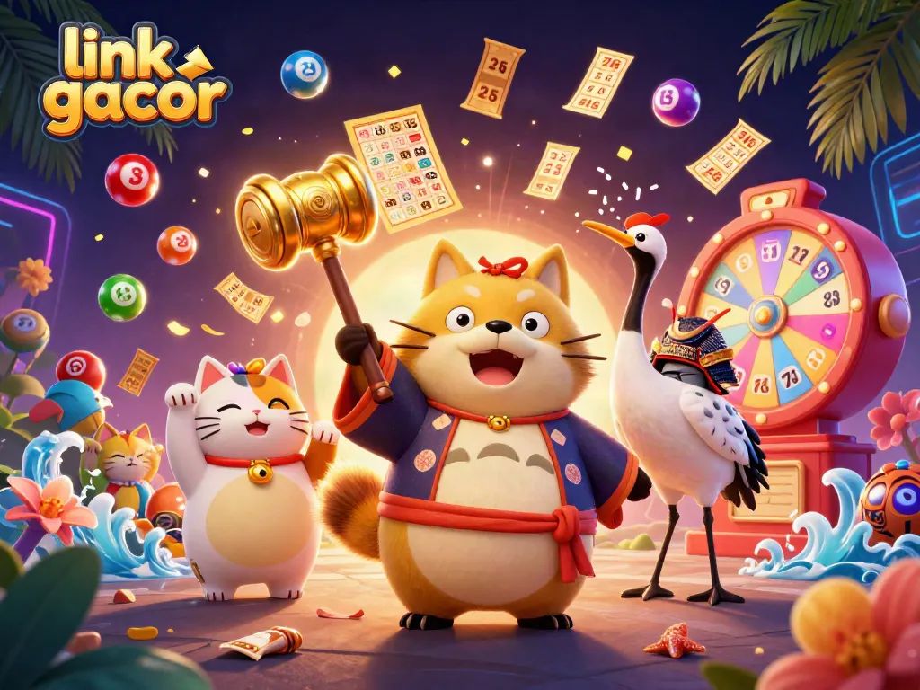 Experience excitement with link gacor as colorful lottery balls and casino symbols surround joyful characters.