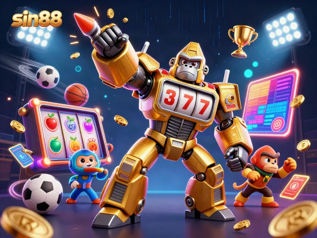 Experience the thrilling world of sin88 with a dynamic 3D gorilla mech and vibrant casino elements.
