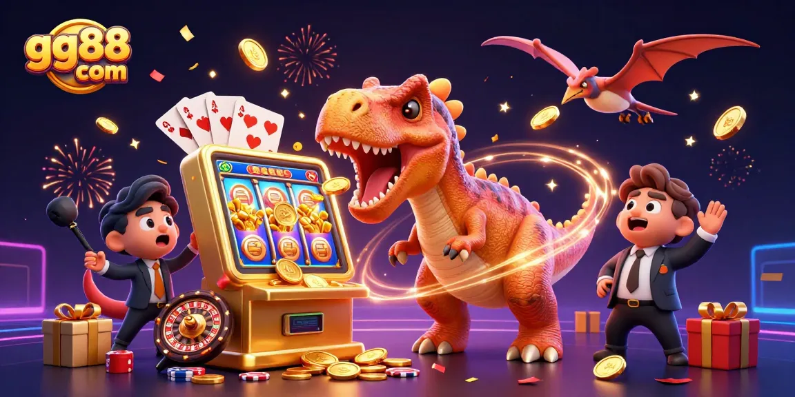 Enjoy jackpots with GG88 com as a pachycephalosaurus celebrates at a golden slot machine
