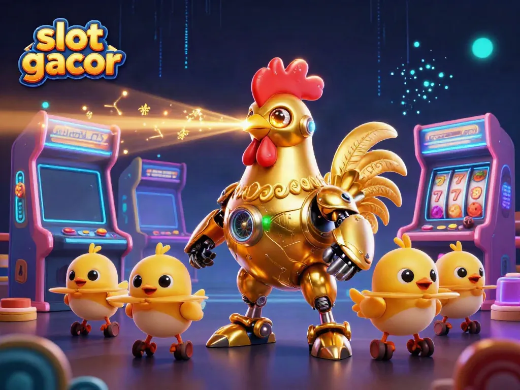 Engage with slot gacor themes as a golden rooster robot unleashes winnings in a vibrant 3D casino scene.