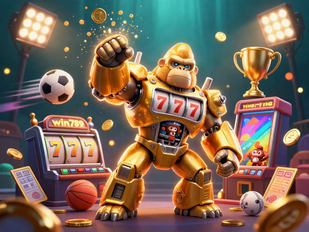 Experience the excitement of win789 with a golden gorilla mech and dynamic casino elements.