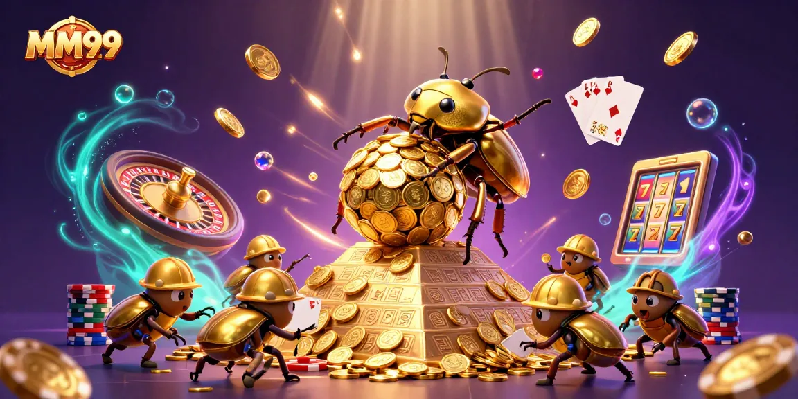 Roll the golden coins and gems with MM99 in this 3D casino adventure scene.