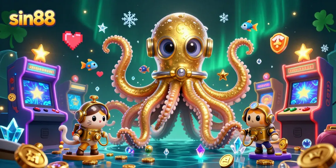 Engage in thrilling games with sin88 featuring a kraken and diving cat in a vibrant casino scene