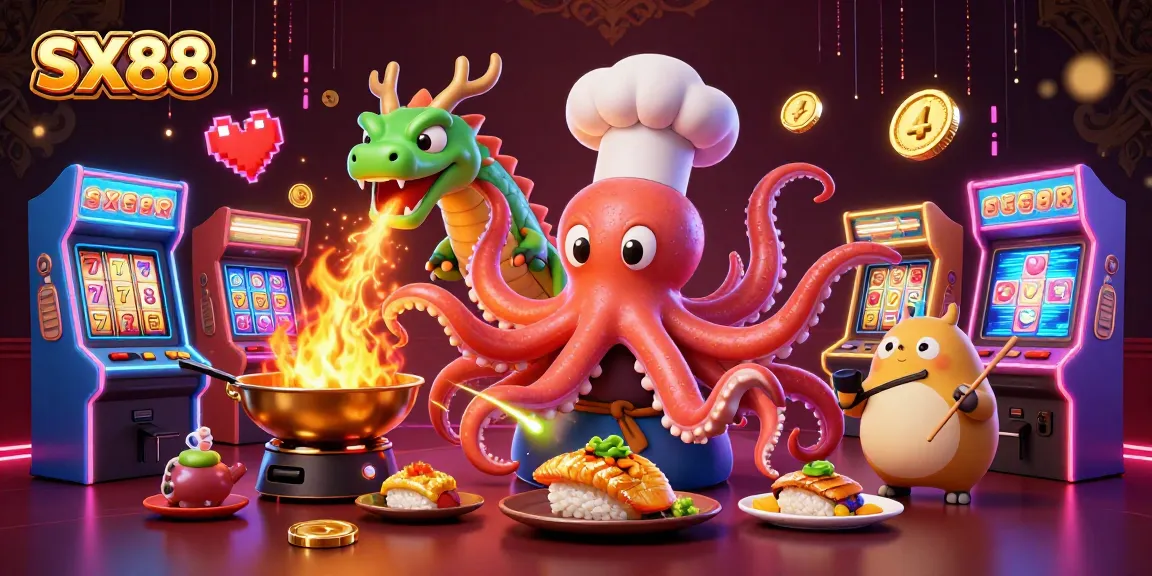 SX88's colorful and engaging 3D casino scene showcases a sushi chef octopus, a dragon, and a tanuki enjoying arcade-style games.