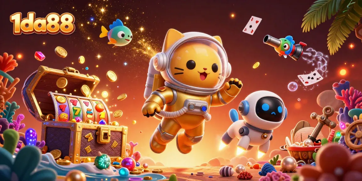 Experience vibrant gaming with 1da88 featuring a space astronaut cat, robot dog, and treasures.