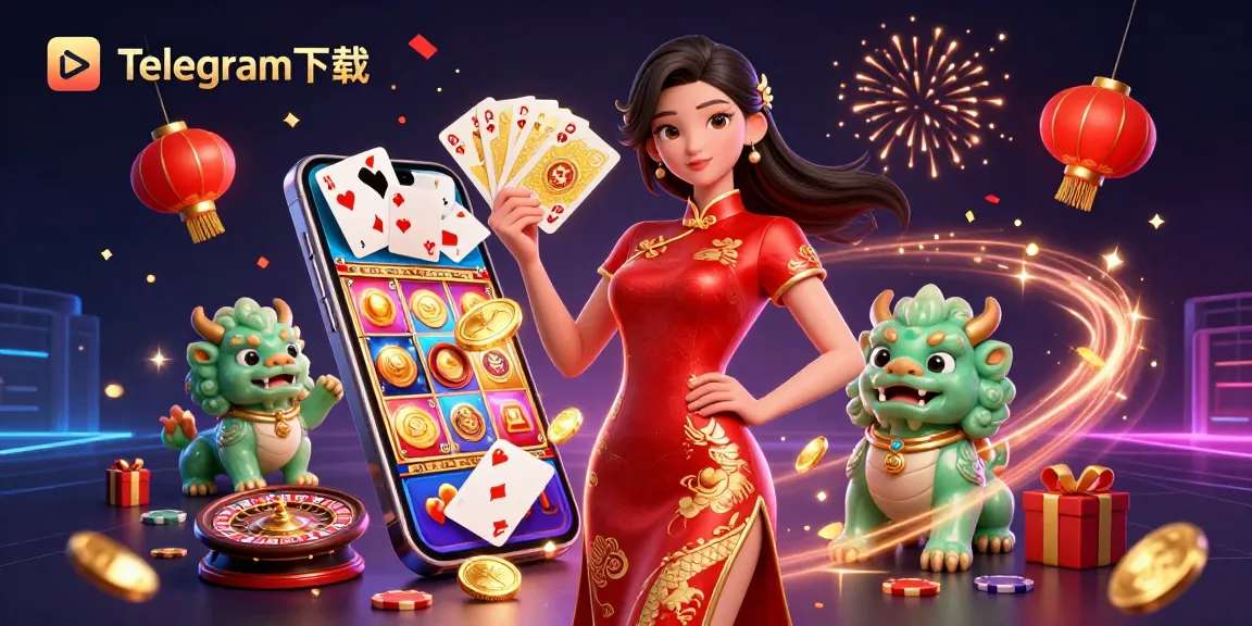 通过Telegram下载玩刺激的游戏,画面展示了一位身着旗袍的女性,周围环绕着赌场元素的惊艳3D场景。