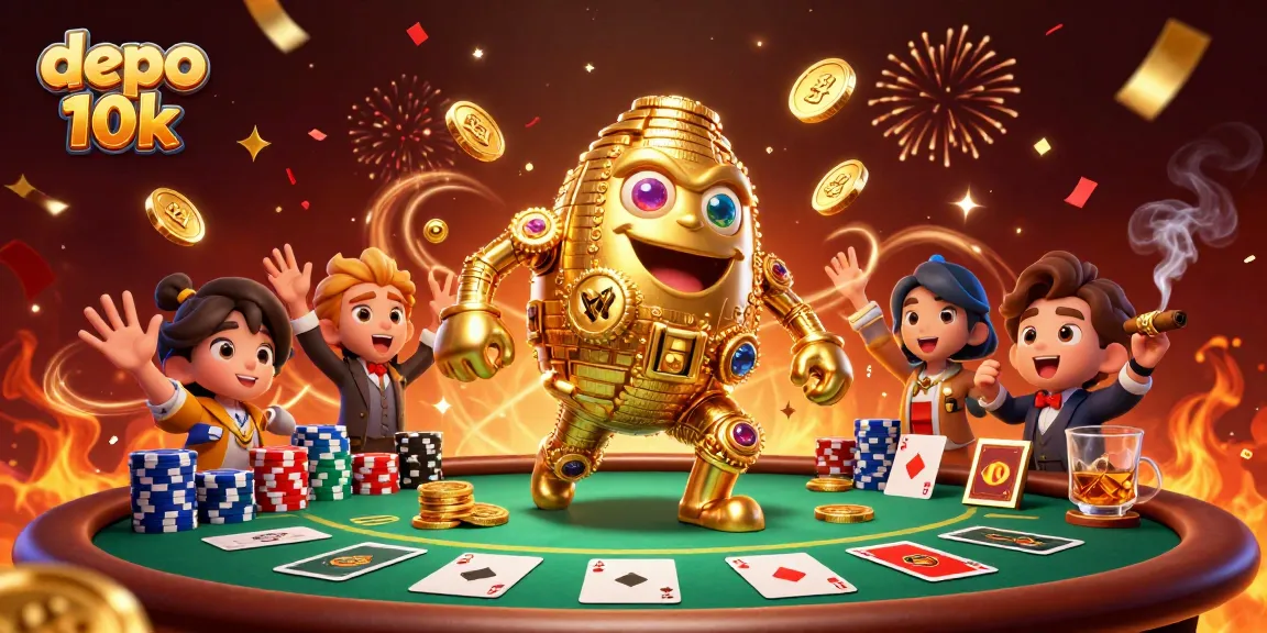 Win big with depo 10k at this vibrant casino scene showcasing golden golem and poker elements.