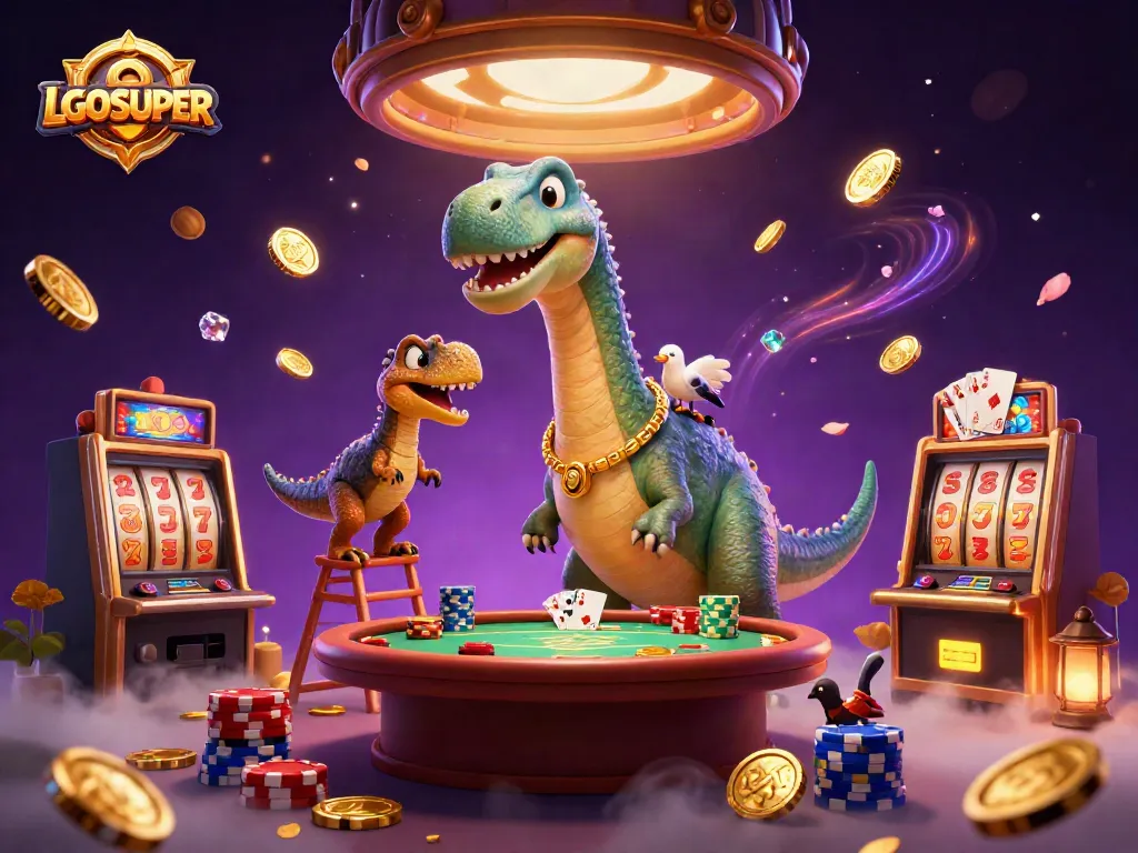 LGOSUPER showcases a dynamic 3D casino scene with a brontosaurus and raptor dealing cards.