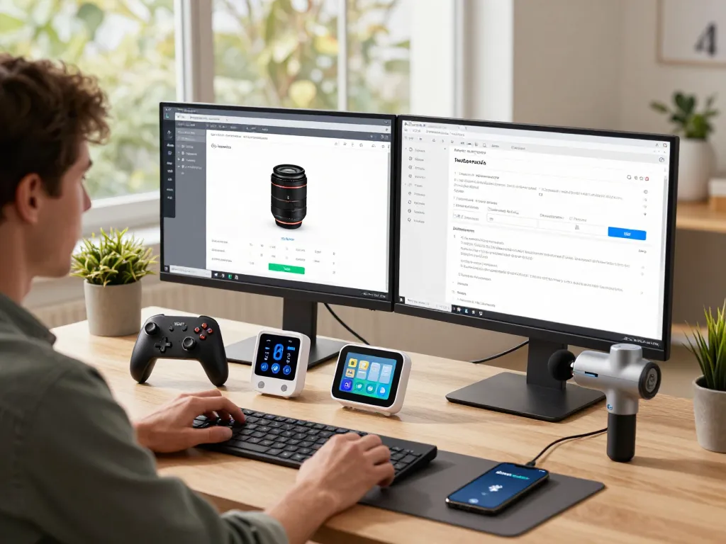 Tech enthusiast exploring top 10 tech gadgets 2087 in a modern workspace, featuring innovative Bluetooth devices.