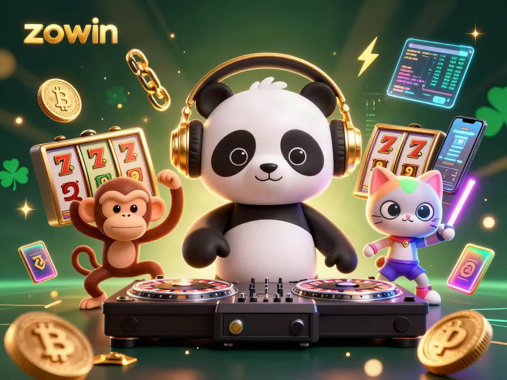 Zowin offers thrilling gaming features with a DJ panda and playful characters in a vibrant casino scene