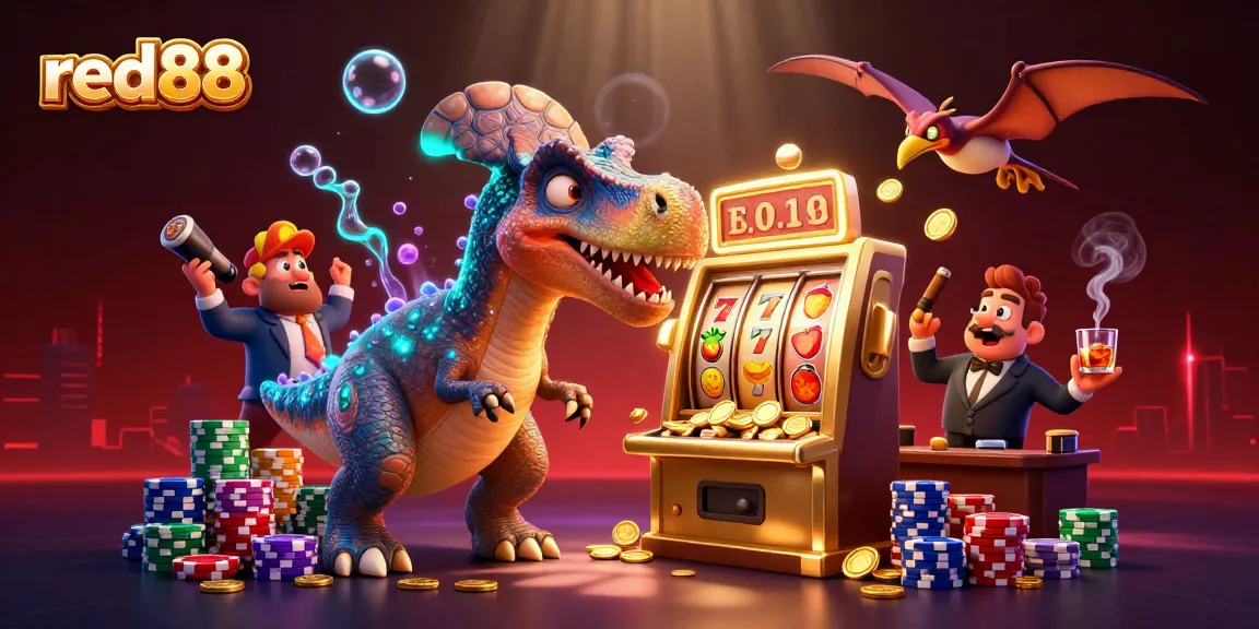 red88 showcases a cartoon pachycephalosaurus winning at slots, capturing a thrilling casino moment.